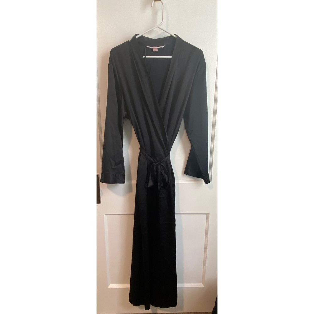 Victorias Secret Vintage Black Satin Long Robe Wrap Belted Sleepwear Med/Lg